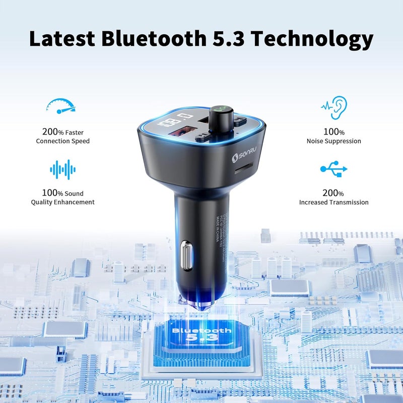 SONRU Bluetooth 5.3 FM Transmitter, Wireless Radio Adapter Car Kit, Audio Receiver Car Charger, Wireless FM Radio Transmitter, Hands-Free Calling and 2 USB Ports Charger, HiFi Treble & Bass Player - Image 2